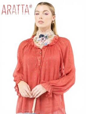 Aratta Maven Coral Sheer Blouse with Matching Cami and Lurex Stripes